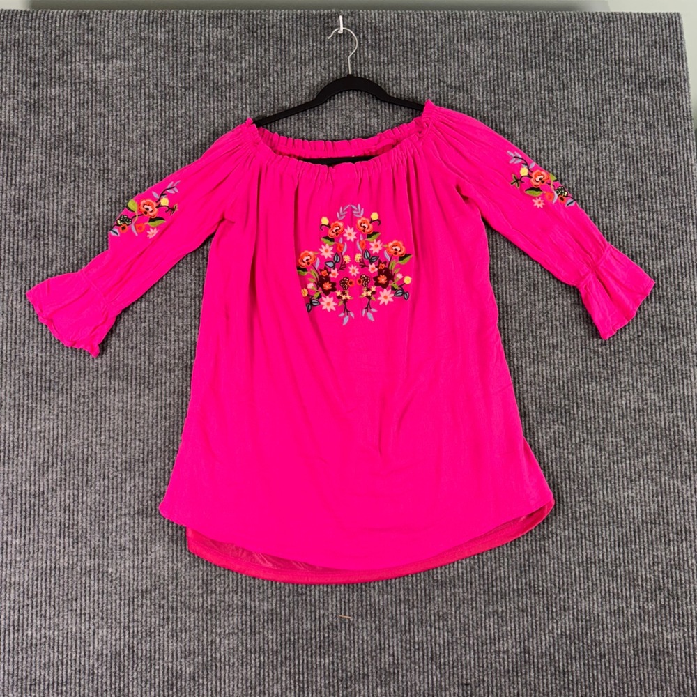 En Creme Hot Pink‎ Off Shoulder Floral Embroidered Boho Bell Sleeve Dress M